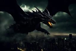 black dragon flying across the city at night dark fantasy lightening glowing eyes