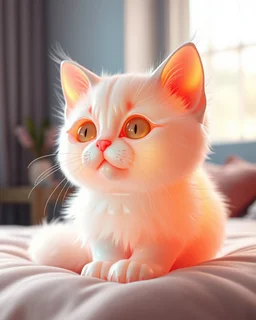 Generate image: A macro 3D render of a cute, lovely wooly cat,made of Translucent glossy jelly material, soft gelatinous appearance, smooth rounded surface, realistic subsurface scattering, internal light diffusion, subtle volumetric translucency, wet polished highlights, slightly reflective surface, soft rubbery-plastic texture, vibrant neon color, physically based shader, studio lighting, high-end CGI render.on a conform in a luxury bedroom.