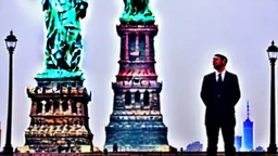 A Tesla's 'Model S Plaid' is performing donuts, under the Statue of Liberty, in New York city. CINEMATIC. WIDE ANGLE LENS.