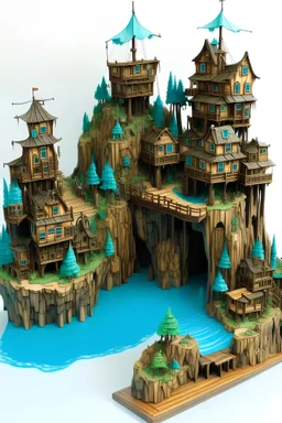 wooden pirate cliffside city with lagoon