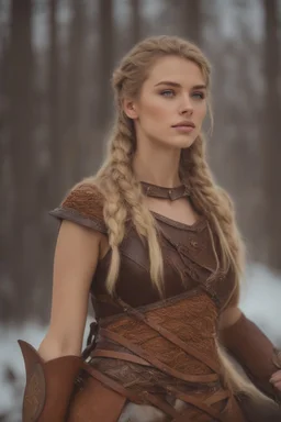 A beautiful woman with blond hair, viking braids Brown leather armor. Horse