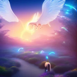  surreal illustration of a unicorn on luminous landscape, realistic, unicorn with glowing wings, glowing soft and smooth wings, shadow, highly detailed, intricate patterns on wings, soft studio lighting, smooth dark blue background 64k