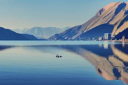 Sunny day, modern city, lake, lake reflections, people, mountains