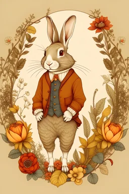 A delicate drawing of a rabbit in a human body wearing a vintage autunm clothes, centralized in a flower frame and has Hiromy Shop written on it