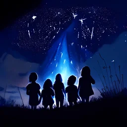 group of kids are watching distant fireworks on a hill in the nightsky, dark blue glowing light, fantasy, magic, dark, stars, sparkle