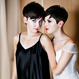 Russian short hair beautiful tomboy boyish boylike short man's haircut boyish features shortcut in black girlish nightgown in hotel wedding night