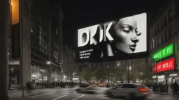 a billboard branded writing ODK , with neon light green and white , in the city center, at night . At Montréal