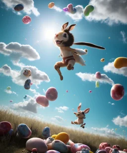 Ultra realistic speed clouds sky scene, wide angle view, childs falling down with many Childs background, rabbit head, inflatable monsters, circus dress style, feather color, free jumping flying, many trinkets, hair monster, many jelly beans, balls, color smoke, smile, happy, extreme, wind, clouds sea, 20,000 feet altitude, stratosphere, soft color, highly detailed, unreal engine 5, ray tracing, RTX, lumen lighting, ultra detail, volumetric lighting, 3d, finely drawn, high definition.