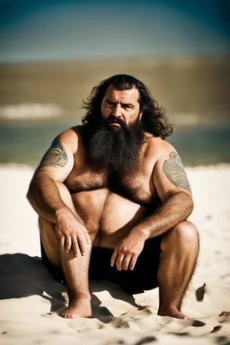 photography of a tired chubby hairy burly 46 years old ugly arab carpenter, big nose, tattoo, long beard, shaved hair, manly chest, , angry eyes, open legs , on the beach in the sun, big shoulders, big tights, side light, sweat and wet, ground view angle,bartoslora1 man