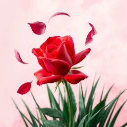 A Long Shot View Realistic Beautiful Red Rose With Pink Petals Whirling In Air, Green Grass On Abstract Light Pink And Maroon Ink Background.