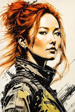 Tori Amos as a cyber punk mercenary girl , painting by Yoji Shinkawa and Katsushika Hokusai, highly detailed facial features, finely drawn and inked, 4k, huge girl