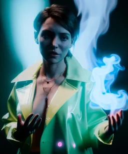 Ultra Realistic image, photo studio, medium shot view, a woman making the fuck off gesture with his hand, blue smoke coming out of his nose and mouth, happy. Latex inflatable coat, soft color, highly detailed, unreal engine 5, ray tracing, RTX, lumen lighting, ultra detail, volumetric lighting, finely drawn, high definition, high resolution.