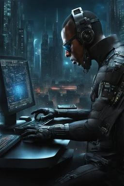 cyberpunk programmer black_Cat-human hybrid_Typing_on_computer_background binary codes, surrounded_by_mindent_3D_binary matrix codes and neutron mesh_etheral, Paranoid_sci-fi_in background_a_tall_cyberpunk_city, the cat hacker watchings monitor, Hyperrealistic texture, high detail, Sinister, cold dynamic lighting, dark-neon colors, Ultra_HD_intense_focus