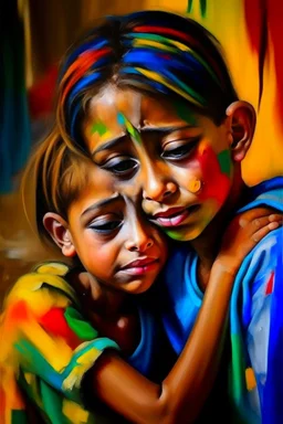 a girl hug her brother and both crying sadly, expressionism, Pixar style, in abstract art Basquiat, Picasso, Miro, Kandinsky, Klee, Birell, Fairey, Ardon, Buffet aand Picasso style, HD --s 750 --v 5.1 --style raw, water color