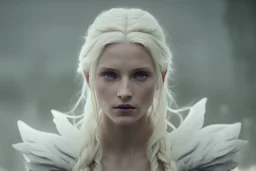 photoreal thirty-year-old ethereal attack-ready ethereal gorgeous blonde ethereal god Guardian high priestess of the Eladrin with leather skin with mystical eyes looking like gina carano wearing green and orange garments in an snow covered burning village in icewind dale, fogotten realms by lee jeffries, 8k, high detail, smooth render, unreal engine 5, cinema 4d, HDR, dust effect, vivid colors