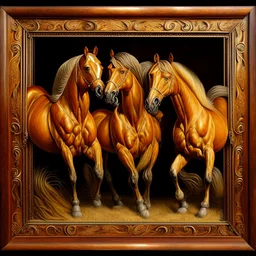 Tres Caballos Palomino cuerpo completo obra de arte hiperredetallado arte renacentista pintura al oleo 8k marco del cuadro tallado en madera