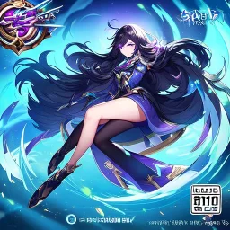 Clear focus,High resolution, black long fluffy hair, long fluffy bangs, purple eyes, wearing a magical uniform outfit, front hair cover eyes, wearing a short skirt, full body, splash art