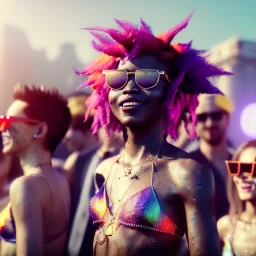 Ultra Realistic photo, medium shot view, drunken dancer bikini woman, carnival scene, monster hair, steampunk. Red hair, confeti, Sunglasses, smile, happy, festival, ovnis, gradient color fog. highly detailed, concept art, unreal engine 5, ray tracing, RTX, lumen lighting, ultra detail, volumetric lighting, 3d, finely drawn, high definition, high resolution.