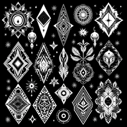Set of ornamental black and white engraved symbols with crystals, stars and geometric shapes