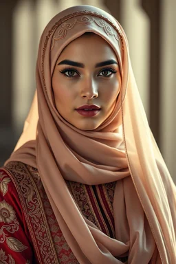 Cinematic photorealistic portrait of a beautiful Arabian Muslim woman in luxurious modern Islamic attire combining traditional embroidery with contemporary cuts, elegant chiffon hijab, dramatic Rembrandt-style lighting, sharp facial detail, realistic skin texture, and subtle artistic background blur, blending the grace of classical portraiture with modern fashion photography