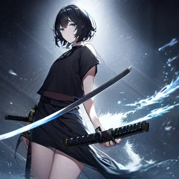 Clear focus,High resolution, black short fluffy hair, long fluffy bangs, and dark blue eyes, Depressed girl, wearing a black short shirt with a black sleeveless crop top, dark aura, controlling water, in a black room, holding a katana