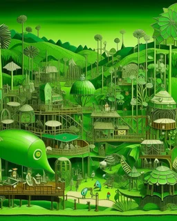 A green mechanical village with crystals painted by Henri Rousseau