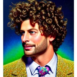 Yung gravy, his highly detailed, amused and handsome dimpled face, his multi-hued curly hair; multidimensional pointillé; by lisa frank, daniel gerhartz, phil noto art, mucha, manara; hyper-detailed, hyper-realistic, sharp focus; symmetrical face; textured shading, subtractive lighting, unreal engine