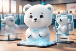 cute fluffy chibi ice bear on an exhibition room with electronic stands in sunshine