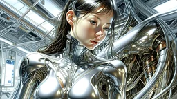 A digital photo by Hajime Sorayama of a beautiful cyborg girl inside a futuristic matrix.