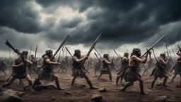 Hyper Realistic wide-angle-view of Prehistoric War-Sequence with soldiers fighting & antique-war-weapons at dark cloudy sky with dramatic & cinematic Ambiance