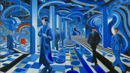 An oil painting by Kuniyoshi and Matisse of tech-people walking inside a futuristic matrix world.