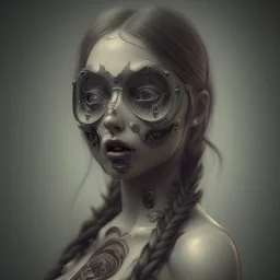 a cute girl looking like a pirate with a tattoo in her face, michelangelo style, steam punk, scary, horror, realistic, made in octane, cinematic, ultra-realistic, extremely detailed octane rendering, 8K, VRAY Super Real ar 2:3, dof photorealistic futuristic 50mm lens hard lighting dark gray tintype photograph, realistic lighting, sephia colors