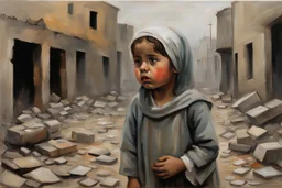 Grey sky, crying little palestinian girl wearing kuffeah , rocks, destroyed buildings , emotional influence, friedrich eckenfelder and willem maris impressionism paintings