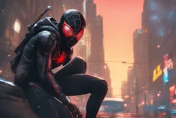 Miles morales in 8k nier automata drawing style, cyber suit them, cinematic mood, neon effect, close picture, rain, highly detailed, high details, detailed portrait, masterpiece,ultra detailed, ultra quality
