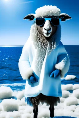 A real picture of a sheep standing like a human, wearing black sunglasses and a white fur jacket, behind him a summer background and a sea made of crystal, and its color is blue, and he is holding a banner that says Happy Eid