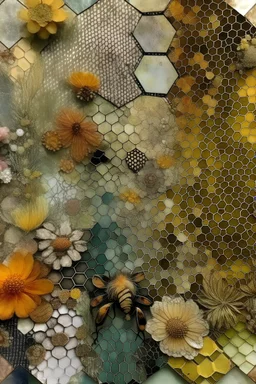 A mixed media collage in the style of Tim holtz , featuring honeycomb and flowers. Soft muted tones. Edith Holden