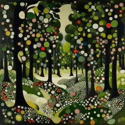 A dark olive green grove with spotty mushrooms painted by Wassily Kandinsky
