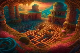 Fantasy artwork. One of the winning photos captures an otherworldly, imaginative-style work of art depicting a dreamlike maze. The images are elegant, detailed, and complex, with cinematic lighting, vibrant colors, whimsical structures, and beautiful fantasy themes. Ultra-detailed fantasy canvas oil painting photo, realistic 4K, very attractive and beautiful dynamic lighting, award-winning dreamy landscape watercolor patchwork in pastel colored watercolors. Modifiers: Nikon D850 highly detailed