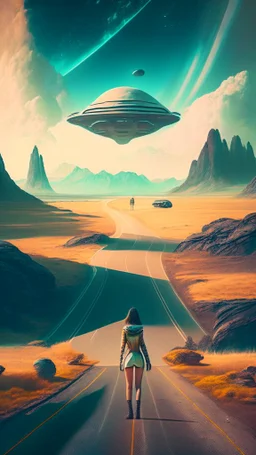 road with sci-fi landscape and woman looking at spaceship