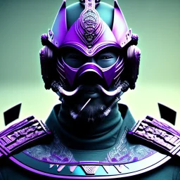 samurai purple masked villain in galaxy, teal and purple smoke, detailed, realistic, 4k