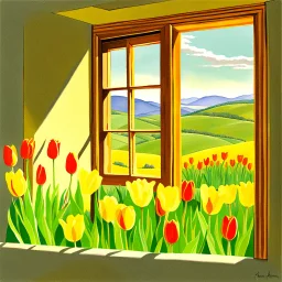 Drawing of an open window from an exterior wall of a house looking out into a valley with a rural landscape of green hills, yellow flower beds, the front of the house wall is painted pale green with peeling plaster, red tulips and yellow sedges are growing in the front of the house, Pamela Asherson style art painting, deviantart, Magic realism, detailed painting, whimsical, magical