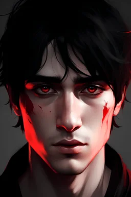 man with black hair and red eyes