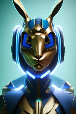 Portrait Sweet Rabbit ceramic mask, glow, blue suit, cyberpunk, photo studio, black background, unreal engine 5, concept art, ray tracing, lumen lighting, ultra detail, volumetric lighting, 3d.