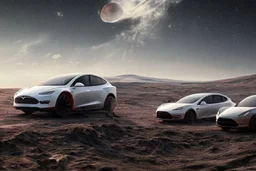 A Tesla 'Model S' is racing at top speed, at the lunar landing site of the 'Apollo 11'. (CINEMATIC, WIDE ANGLE LENS, PHOTO REAL)