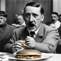 Adolf Hitler eating the biggest hamburger