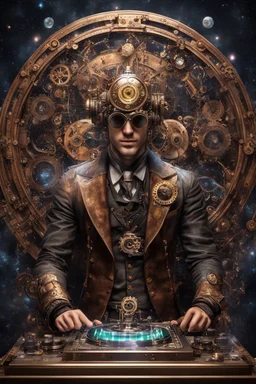 Front view Photography Realistic HD Natural Beauty Steampunk classic full mechanical man as dj player, cosmic background