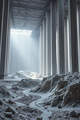 Photograph, a mass of wires, giant museum space, building, pillars, high walls, schermi di computer, high towers in a room, rag, powder, brook, sediments, deflagration of the background, geological formation, light, architecture, minimalist, details of the terrain very accentuated, 8k, deep 3d field, sharp, brutalist, hasselblad h6d400c --ar 85:128 --v 6.0
