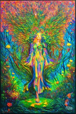 The hidden language of nature; a surreal psychedelic neon Renaissance acrylic painting