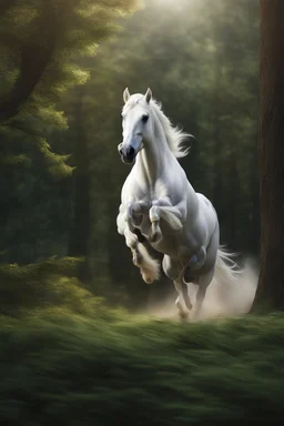 Ultra realistic photo of A majestic white stallion galloping through a lush, enchanted forest., fantasy, futuristic style, mystic, HOF, captured with professional DSLR camera,64k, ultra detailed,