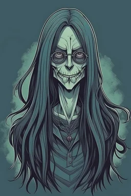 Alien vampire, with unnatural colored long hair. Grudge style with glasses